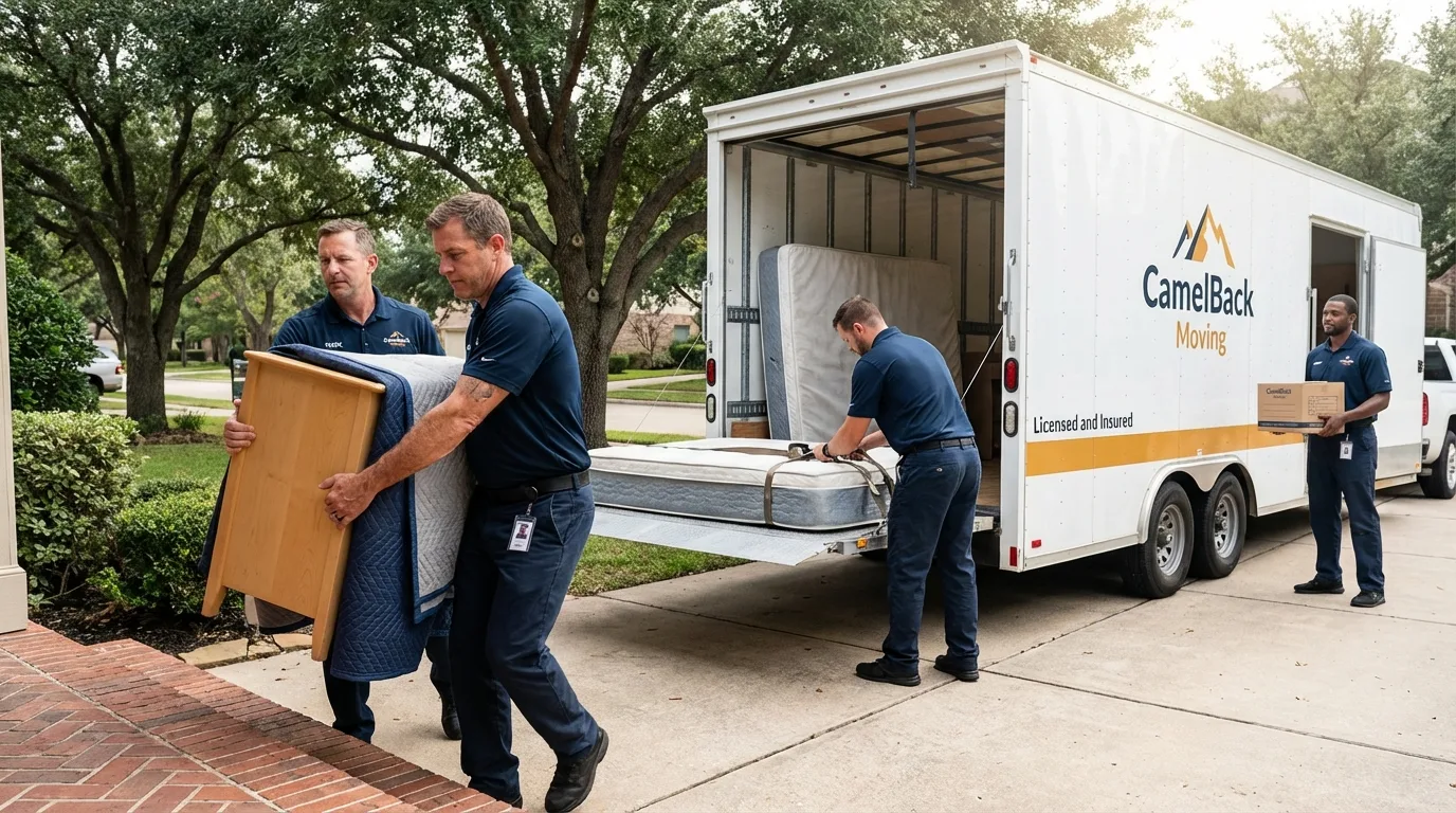 Crew loading residential truck for cross-state move from Trafalgar, IN