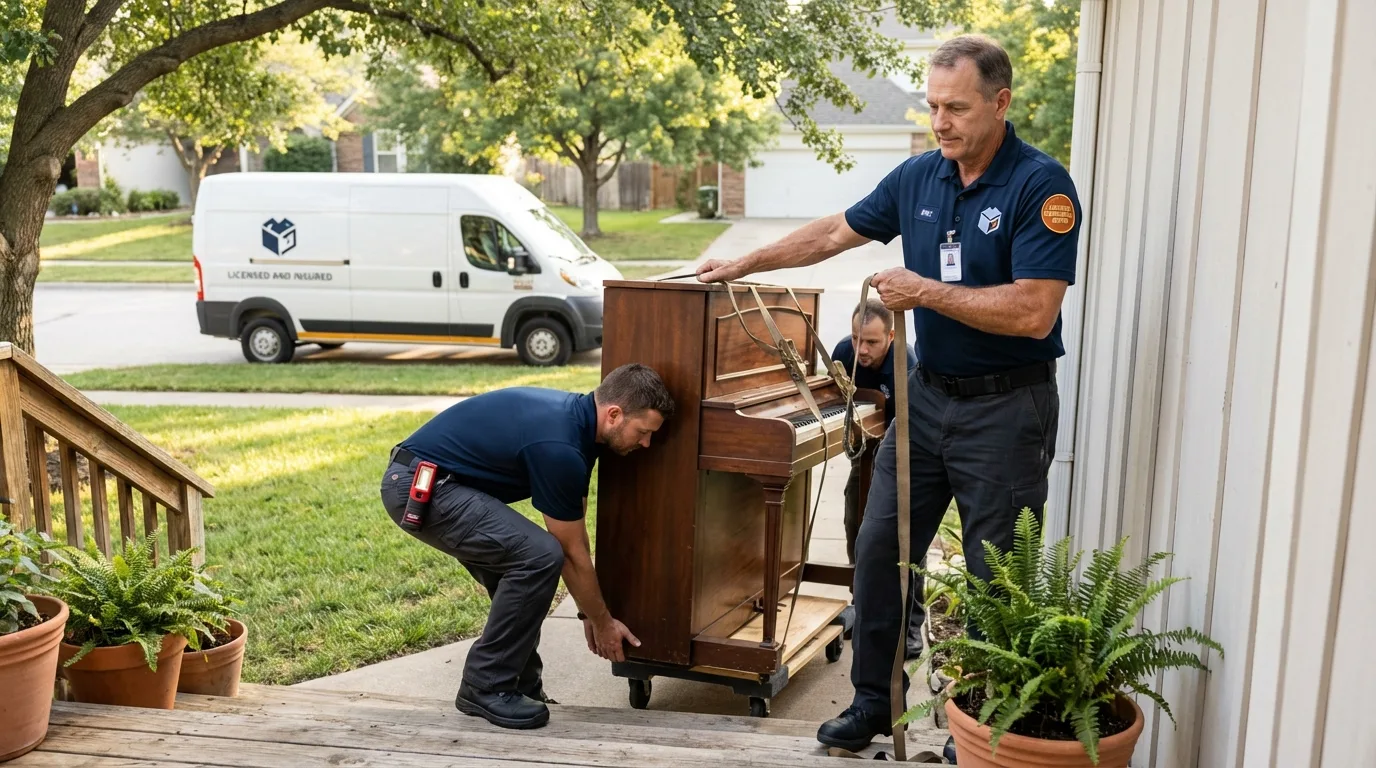 Licensed piano movers securing grand piano in Trafalgar, IN