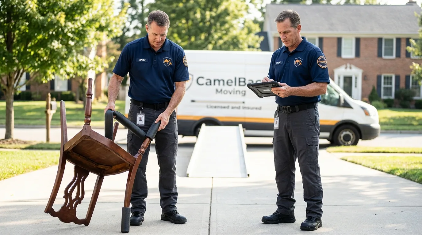 Movers inspecting furniture for damage prevention before loading in Trafalgar, IN